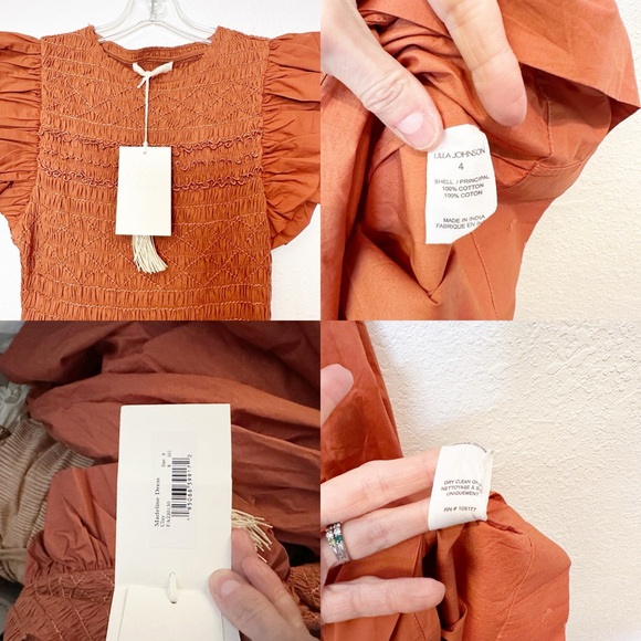 Ulla Johnson Handmade Madeline Smock Flutter Sleeve Dress Clay Size 4/8 NWT - Picture 15 of 16